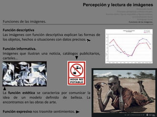 Percepción y lectura de imágenes
                                                                                                   Percepción visual .
                                                                           Principios perceptivos y efectos visuales.
                                                              Ilusiones óptica, figuras imposibles y figuras cinéticas.
                                                                                             La comunicación visual.
                                                                                                    El lenguaje visual.
Funciones de las imágenes.                                                                Funciones de las imágenes.


Función descriptiva
Las imágenes con función descriptiva explican las formas de
los objetos, hechos o situaciones con datos precisos.




                                                  c
Función informativa.
Imágenes que ilustran una noticia, catálogos publicitarios,
carteles…




La función estética se caracteriza por comunicar la
idea de un modelo definido de belleza. La
encontramos en las obras de arte.

Función expresiva nos trasmite sentimientos.
 