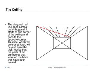  The diagonal red
line goes across
the orthogonal. It
starts at one corner
of the ceiling and
goes to the
opposite corner.
This line, which will
be erased later, will
help us draw the
tiles. Notice that
the parts of the
orthogonal that
were on the back
wall have been
erased.
Tile Ceiling
105 Arch. Dania Abdel-Aziz
 