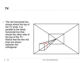  The red horizontal line
shows where the top of
the TV ends. It is
parallel to the black
horizontal line that
shows the other side of
the top of the TV.
Notice that the two red
lines are drawn
between the
orthogonal.
TV
115 Arch. Dania Abdel-Aziz
 