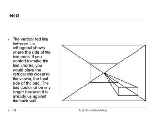  The vertical red line
between the
orthogonal shows
where the side of the
bed ends. If you
wanted to make the
bed shorter, you
would place the
vertical line closer to
the viewer, the front
side of the bed. The
bed could not be any
longer because it is
already up against
the back wall.
Bed
123 Arch. Dania Abdel-Aziz
 