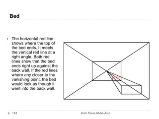  The horizontal red line
shows where the top of
the bed ends. It meets
the vertical red line at a
right angle. Both red
lines show that the bed
ends right up against the
back wall. If the red lines
where any closer to the
vanishing point, the bed
would look as though it
went into the back wall.
Bed
124 Arch. Dania Abdel-Aziz
 