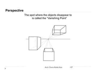 Perspective
The spot where the objects disappear to
is called the “Vanishing Point”
137
Arch. Dania Abdel-Aziz
 