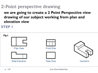 2-Point perspective drawing
we are going to create a 2 Point Perspective view
drawing of our subject working from plan and
elevation view
STEP 1
147 Arch. Dania Abdel-Aziz
 