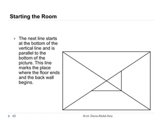  The next line starts
at the bottom of the
vertical line and is
parallel to the
bottom of the
picture. This line
marks the place
where the floor ends
and the back wall
begins.
Starting the Room
62 Arch. Dania Abdel-Aziz
 