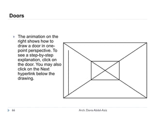  The animation on the
right shows how to
draw a door in one-
point perspective. To
see a step-by-step
explanation, click on
the door. You may also
click on the Next
hyperlink below the
drawing.
Doors
66 Arch. Dania Abdel-Aziz
 