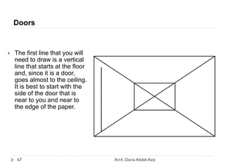  The first line that you will
need to draw is a vertical
line that starts at the floor
and, since it is a door,
goes almost to the ceiling.
It is best to start with the
side of the door that is
near to you and near to
the edge of the paper.
Doors
67 Arch. Dania Abdel-Aziz
 