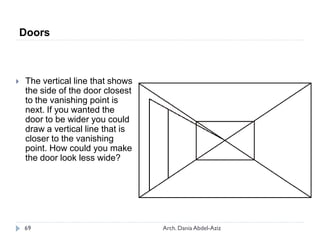  The vertical line that shows
the side of the door closest
to the vanishing point is
next. If you wanted the
door to be wider you could
draw a vertical line that is
closer to the vanishing
point. How could you make
the door look less wide?
Doors
69 Arch. Dania Abdel-Aziz
 