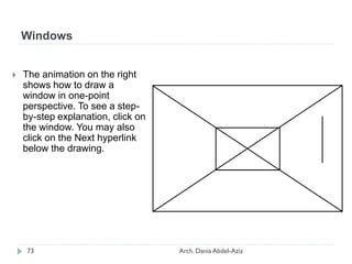 Windows
 The animation on the right
shows how to draw a
window in one-point
perspective. To see a step-
by-step explanation, click on
the window. You may also
click on the Next hyperlink
below the drawing.
73 Arch. Dania Abdel-Aziz
 