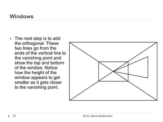 The next step is to add
the orthogonal. These
two lines go from the
ends of the vertical line to
the vanishing point and
show the top and bottom
of the window. Notice
how the height of the
window appears to get
smaller as it gets closer
to the vanishing point.
Windows
75 Arch. Dania Abdel-Aziz
 