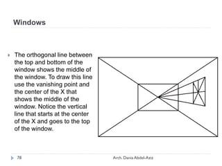  The orthogonal line between
the top and bottom of the
window shows the middle of
the window. To draw this line
use the vanishing point and
the center of the X that
shows the middle of the
window. Notice the vertical
line that starts at the center
of the X and goes to the top
of the window.
Windows
78 Arch. Dania Abdel-Aziz
 