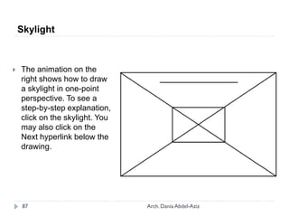 Skylight
 The animation on the
right shows how to draw
a skylight in one-point
perspective. To see a
step-by-step explanation,
click on the skylight. You
may also click on the
Next hyperlink below the
drawing.
87 Arch. Dania Abdel-Aziz
 
