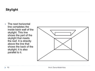  The next horizontal
line completes the
inside back wall of the
skylight. This line
shows the part of the
skylight that meets
the roof. It is directly
above the line that
shows the back of the
skylight; it is also
parallel to it.
Skylight
93 Arch. Dania Abdel-Aziz
 