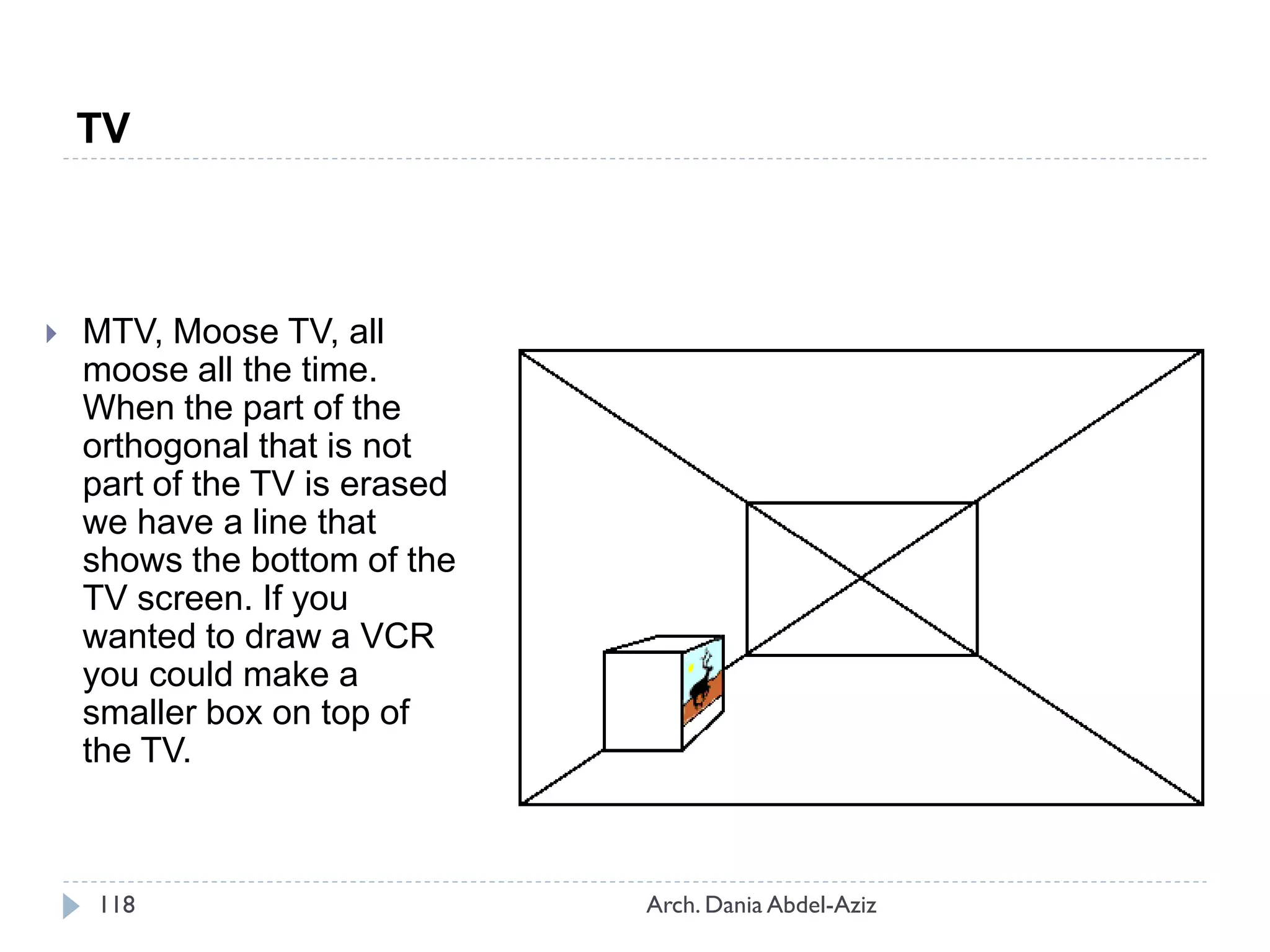 MTV, Moose TV, all
moose all the time.
When the part of the
orthogonal that is not
part of the TV is erased
we have a line that
shows the bottom of the
TV screen. If you
wanted to draw a VCR
you could make a
smaller box on top of
the TV.
TV
118 Arch. Dania Abdel-Aziz
 