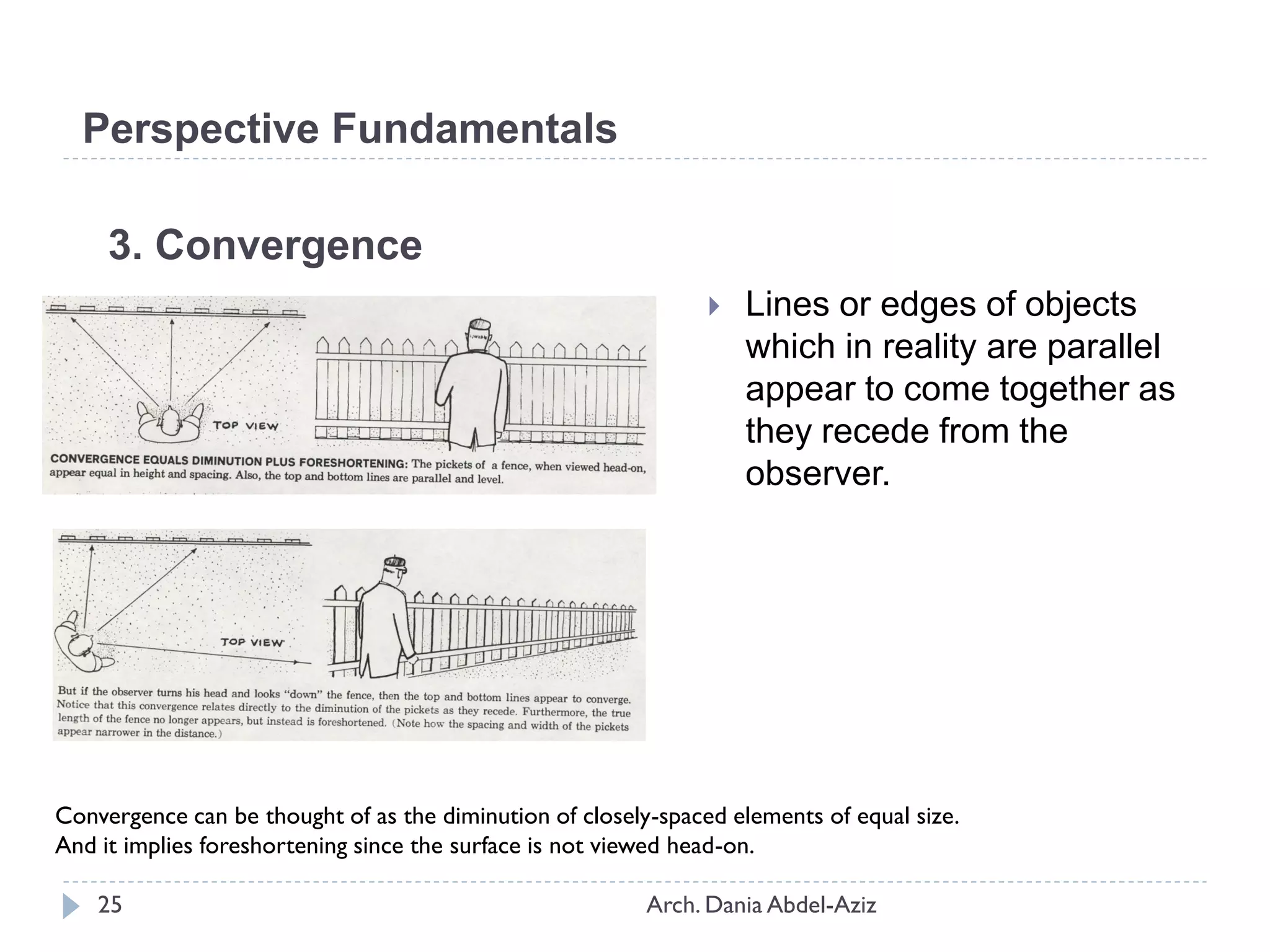 3. Convergence
 Lines or edges of objects
which in reality are parallel
appear to come together as
they recede from the
observer.
Convergence can be thought of as the diminution of closely-spaced elements of equal size.
And it implies foreshortening since the surface is not viewed head-on.
Perspective Fundamentals
25 Arch. Dania Abdel-Aziz
 
