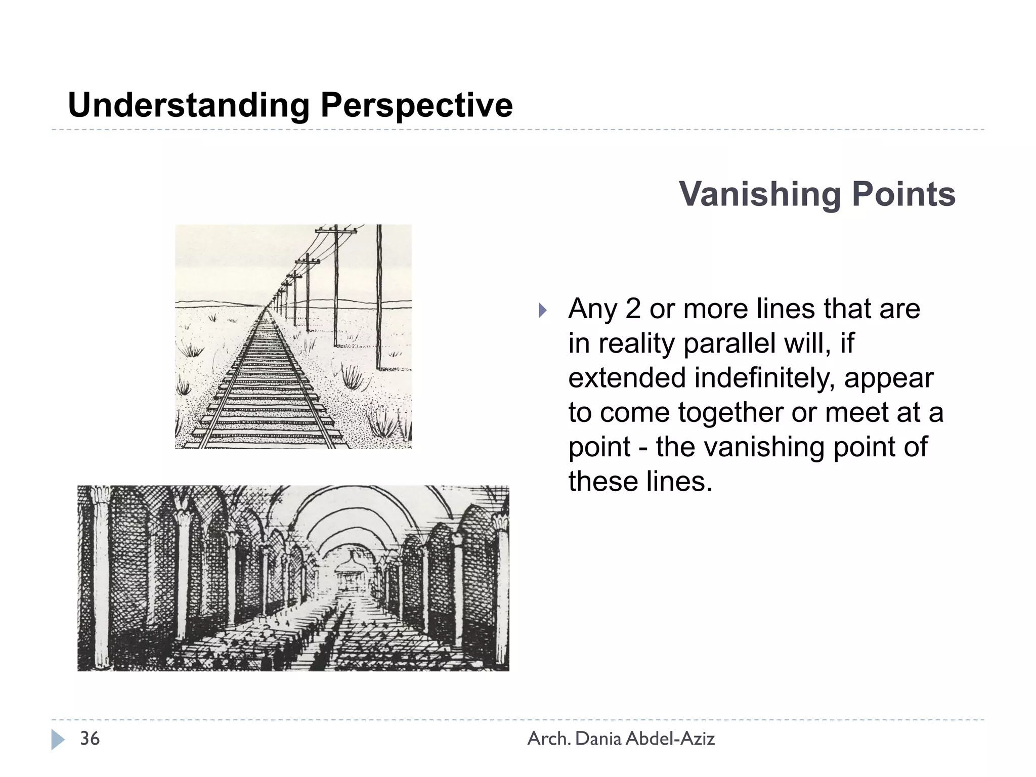 Vanishing Points
 Any 2 or more lines that are
in reality parallel will, if
extended indefinitely, appear
to come together or meet at a
point - the vanishing point of
these lines.
Understanding Perspective
36 Arch. Dania Abdel-Aziz
 