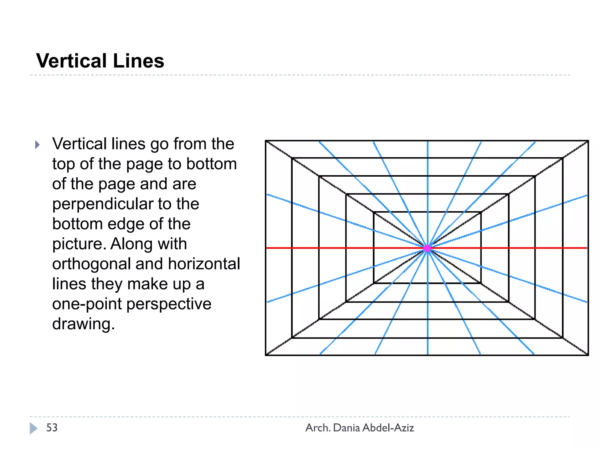 Vertical Lines
 Vertical lines go from the
top of the page to bottom
of the page and are
perpendicular to the
bottom edge of the
picture. Along with
orthogonal and horizontal
lines they make up a
one-point perspective
drawing.
53 Arch. Dania Abdel-Aziz
 