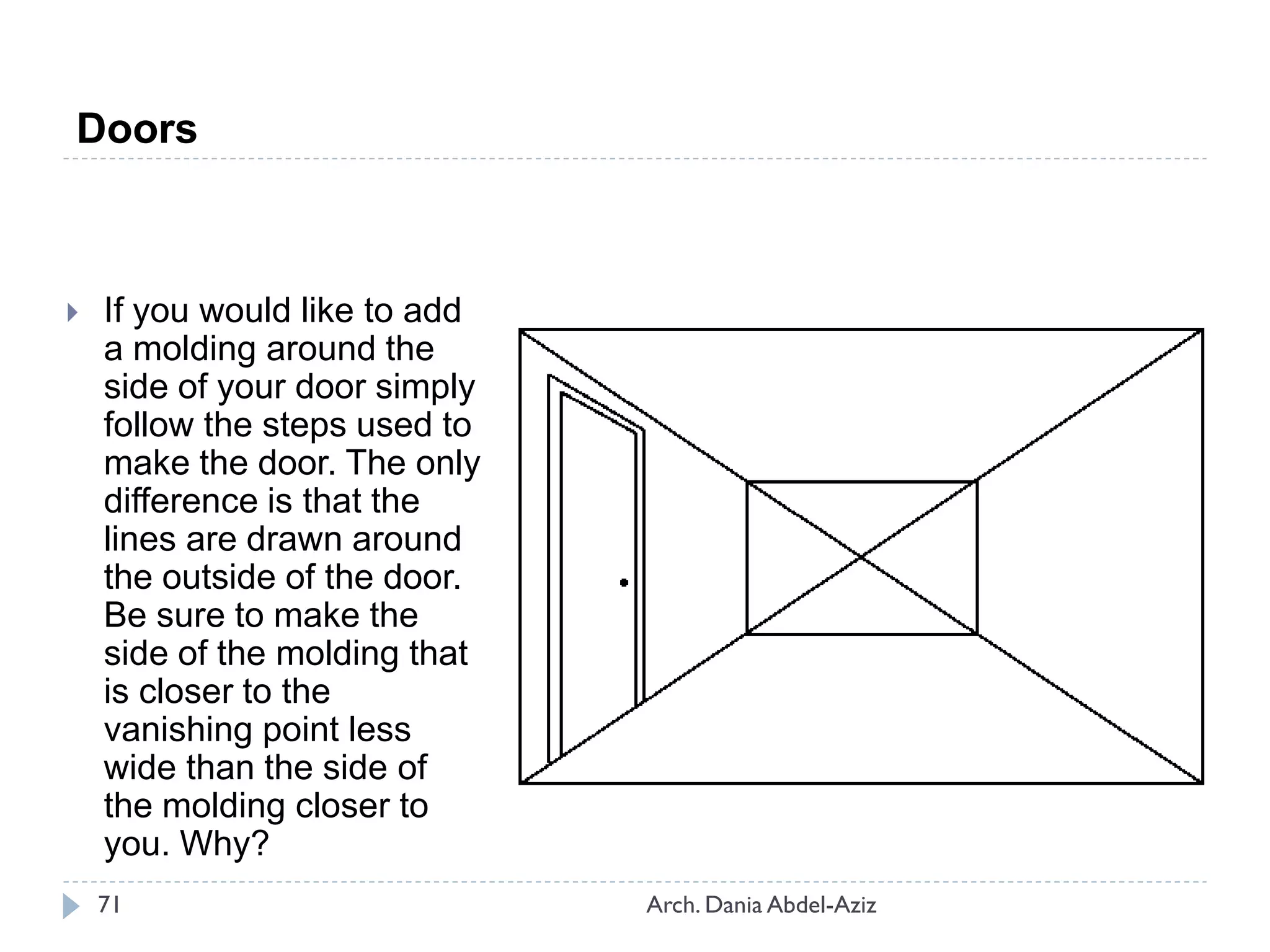  If you would like to add
a molding around the
side of your door simply
follow the steps used to
make the door. The only
difference is that the
lines are drawn around
the outside of the door.
Be sure to make the
side of the molding that
is closer to the
vanishing point less
wide than the side of
the molding closer to
you. Why?
Doors
71 Arch. Dania Abdel-Aziz
 