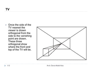  Once the side of the
TV nearest the
viewer is drawn
orthogonal from the
side to the vanishing
point are drawn.
These three
orthogonal show
where the front and
top of the TV will be.
TV
113 Arch. Dania Abdel-Aziz
 