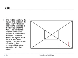  The red lines show the
height and width of the
bed. The vertical red
line shows the side of
the bed against the
wall. The horizontal
red line shows the
bottom of the bed on
the floor. The bed
would be higher if the
vertical line were
higher. The bed would
be wider if the
horizontal line were
extended into the
room.
Bed
120 Arch. Dania Abdel-Aziz
 