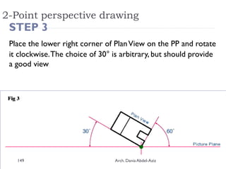 2-Point perspective drawing
STEP 3
Place the lower right corner of PlanView on the PP and rotate
it clockwise.The choice of 30° is arbitrary, but should provide
a good view
149 Arch. Dania Abdel-Aziz
 