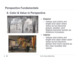 6. Color & Value in Perspective
 Exterior
 Values and colors are
bright and clear when
close up but become
grayer, weaker, and
objects become fuzzier as
distance increases.
 Interior
 Values and colors are
bright and clear when seen
close up but become
darker and more neutral as
the view recedes into
space.
Perspective Fundamentals
28 Arch. Dania Abdel-Aziz
 