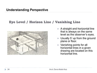 Eye Level / Horizon Line / Vanishing Line
 A straight and horizontal line
that is always on the same
level as the observer’s eyes.
 Usually 5’ up from the ground
plane or floor.
 Vanishing points for all
horizontal lines in a given
drawing are located on this
horizontal line.
Understanding Perspective
34 Arch. Dania Abdel-Aziz
 