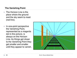 The Vanishing Point
 The Horizon Line is the
place where the ground
and the sky seem to meet
(red line).
 In one-point perspective
the Vanishing Point,
represented as a magenta
dot in this picture, is
always on the Horizon
Line. As things get closer
to the Vanishing Point they
get smaller and smaller
until they appear to vanish.
48 Arch. Dania Abdel-Aziz
 