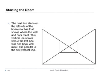  The next line starts on
the left side of the
horizontal line that
shows where the wall
and floor meet. This
vertical lne shows
where the left side
wall and back wall
meet. It is parallel to
the first vertical line.
Starting the Room
63 Arch. Dania Abdel-Aziz
 