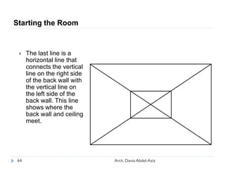  The last line is a
horizontal line that
connects the vertical
line on the right side
of the back wall with
the vertical line on
the left side of the
back wall. This line
shows where the
back wall and ceiling
meet.
Starting the Room
64 Arch. Dania Abdel-Aziz
 