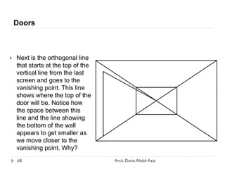  Next is the orthogonal line
that starts at the top of the
vertical line from the last
screen and goes to the
vanishing point. This line
shows where the top of the
door will be. Notice how
the space between this
line and the line showing
the bottom of the wall
appears to get smaller as
we move closer to the
vanishing point. Why?
Doors
68 Arch. Dania Abdel-Aziz
 