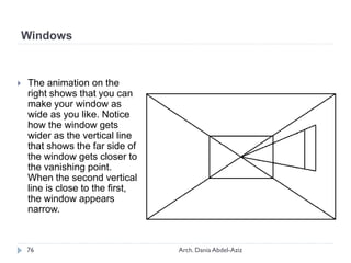  The animation on the
right shows that you can
make your window as
wide as you like. Notice
how the window gets
wider as the vertical line
that shows the far side of
the window gets closer to
the vanishing point.
When the second vertical
line is close to the first,
the window appears
narrow.
Windows
76 Arch. Dania Abdel-Aziz
 