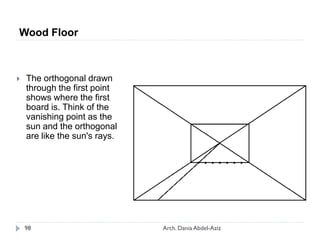  The orthogonal drawn
through the first point
shows where the first
board is. Think of the
vanishing point as the
sun and the orthogonal
are like the sun's rays.
Wood Floor
98 Arch. Dania Abdel-Aziz
 