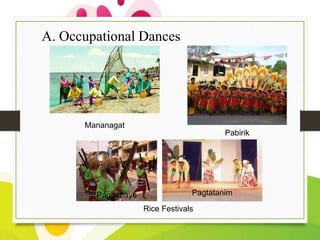 A. Occupational Dances

Mananagat
Pabirik

Pagbabayo

Pagtatanim
Rice Festivals

 