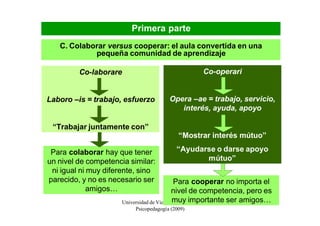 Primera parte
   C. Colaborar versus cooperar: el aula convertida en una
            pequeña comunidad de aprendizaje

         Co-laborare                              Co-operari


Laboro –is = trabajo, esfuerzo          Opera –ae = trabajo, servicio,
                                           interés, ayuda, apoyo

 “Trabajar juntamente con”
                                            “Mostrar interés mútuo”

 Para colaborar hay que tener              “Ayudarse o darse apoyo
un nivel de competencia similar:                  mútuo”
 ni igual ni muy diferente, sino
parecido, y no es necesario ser              Para cooperar no importa el
             amigos…                        nivel de competencia, pero es
                                            muy importante ser amigos…
                      Universidad de Vic. Laboratorio de                16
                          Psicopedagogía (2009)
 