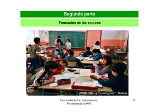 Segunda parte
Formación de los equipos




                 (CEIP “Maria Domínguez”. Gallur)

Universidad de Vic. Laboratorio de                  26
     Psicopedagogía (2009)
 