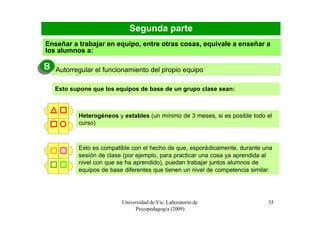 Segunda parte
Enseñar a trabajar en equipo, entre otras cosas, equivale a enseñar a
los alumnos a:

B
B   Autorregular el funcionamiento del propio equipo
    Autorregular el funcionamiento del propio equipo

    Esto supone que los equipos de base de un grupo clase sean:



            Heterogéneos y estables (un mínimo de 3 meses, si es posible todo el
            curso)



            Esto es compatible con el hecho de que, esporádicamente, durante una
            sesión de clase (por ejemplo, para practicar una cosa ya aprendida al
            nivel con que se ha aprendido), puedan trabajar juntos alumnos de
            equipos de base diferentes que tienen un nivel de competencia similar.




                           Universidad de Vic. Laboratorio de                   35
                                Psicopedagogía (2009)
 