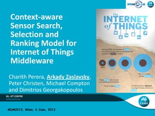 Charith Perera, Arkady Zaslavsky,
Peter Christen, Michael Compton
and Dimitrios Georgakopoulos
Context-aware
Sensor Search,
Selection and
Ranking Model for
Internet of Things
Middleware
IEL, ICT CENTRE
MDM2013, Milan, 6 June, 2013
 