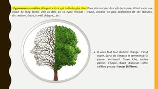 ➢ Il vous faut tout d’abord changer d’état
esprit. Sortir de la masse et commencer à
penser autrement. Steve Jobs, ancien
patron d’Apple, disait d’ailleurs cette
célèbre phrase : Penser Différent.
L’ignorance en matière d’argent est ce qui coûte le plus cher. Pour s’émanciper du cycle de la paie, il faut avoir une
vision de long terme. Voir au-delà de ce cycle infernal : travail, chèque de paie, règlement de ses factures,
distractions,dodo, travail,chèque,…etc
 