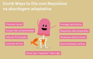 Dumb Ways to Die com Requisitos
na abordagem adaptativa
Processo casual
Escopo não compreendido
Falta de Priorização
Entregas deficitárias
Mudanças disfuncionais
Documentação ineficazControle ad-hoc
Requisitos não preparados
Achar que “requisito” não é ágil
 