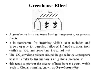 Greenhouse Effect
• A greenhouse is an enclosure having transparent glass panes o
sheets
• It is transparent for incoming visible solar radiation and
largely opaque for outgoing reflected infrared radiation from
earth’s surface, thus preventing the exit of heat
• The CO2 envelope present around the globe in the atmosphere
behaves similar to this and forms a big global greenhouse
• this tends to prevent the escape of heat from the earth, which
leads to Global warming, known as Greenhouse effect
 