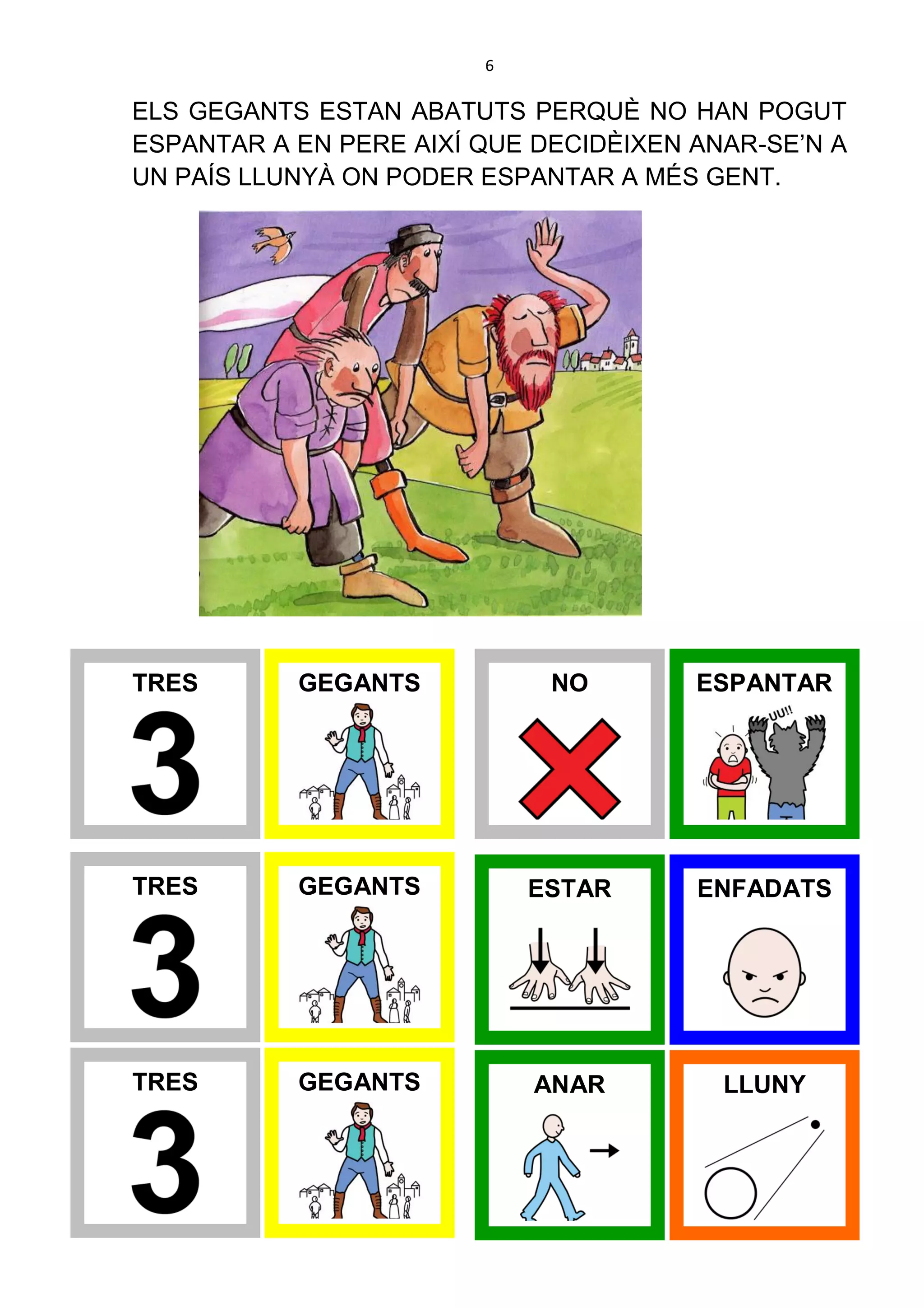 6

ELS GEGANTS ESTAN ABATUTS PERQUÈ NO HAN POGUT
ESPANTAR A EN PERE AIXÍ QUE DECIDÈIXEN ANAR-SE’N A
UN PAÍS LLUNYÀ ON PODER ESPANTAR A MÉS GENT.




TRES       GEGANTS           NO        ESPANTAR




TRES       GEGANTS          ESTAR      ENFADATS




TRES       GEGANTS          ANAR         LLUNY
 