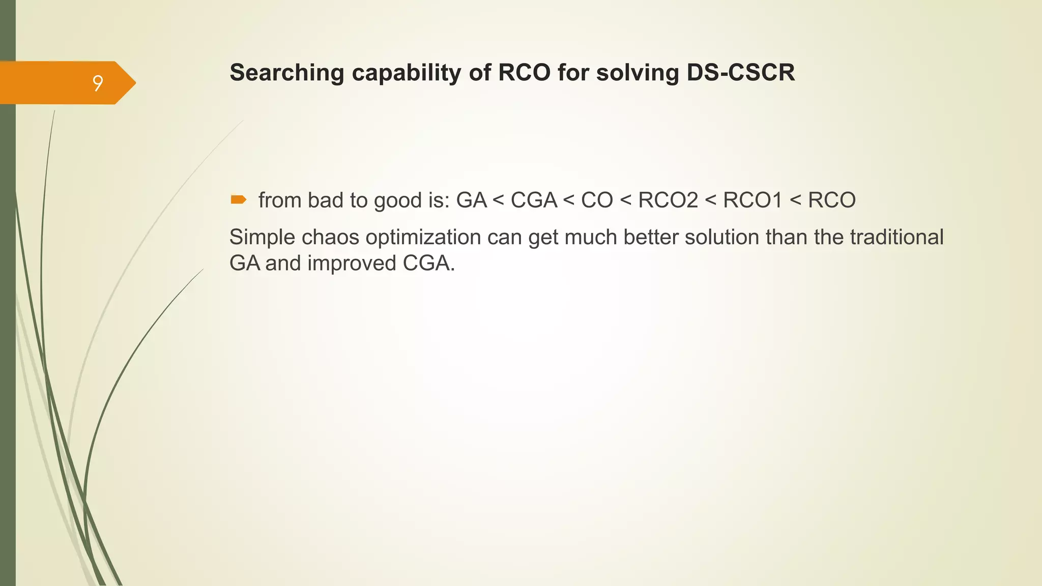 Searching capability of RCO for solving DS-CSCR 
 from bad to good is: GA < CGA < CO < RCO2 < RCO1 < RCO 
Simple chaos optimization can get much better solution than the traditional 
GA and improved CGA. 
9 
 
