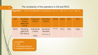 The complexity of the operators in GA and RCO. 
GA Roulette 
wheel 
selection 
O(n2) 
Crossover 
O(nm) 
Mutation 
O(nm) 
O(n2) O(m) O(1) O(1) 
RCO Ranking 
selection 
O(n log n) 
Individual 
chaos 
O(n) 
Dynamic 
heuristic 
O(n*(max(p, s))) 
O(n log n) O(1) O(s) O(p) 
8 
Algorithm | time complexities of operators | n→∞ | m→∞ | s→∞ | p→∞ 
n:population 
m : size 
P :computing resource 
S: availableCloudService 
 