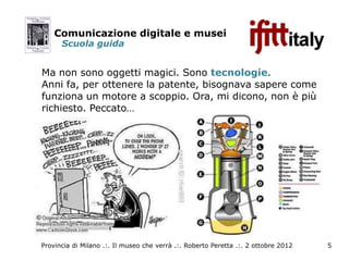 Comunicazione digitale e musei
      Scuola guida


Ma non sono oggetti magici. Sono tecnologie.
Anni fa, per ottenere la patente, bisognava sapere come
funziona un motore a scoppio. Ora, mi dicono, non è più
richiesto. Peccato…




Provincia di Milano .:. Il museo che verrà .:. Roberto Peretta .:. 2 ottobre 2012   5
 