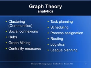 Graph Theory
                            analytics

●   Clustering                            ●   Task planning
    (Commu...