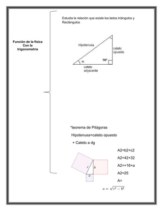 Estudia la relación que existe los lados triángulos y
Rectángulos

Función de la física
Con la
trigonometría

*funciones trigonométricas
Seno _ sen x= cateto opuesto
Coseno _ cos x=cateto reasente
tangente_tanx = cateto opuesto

*teorema de Pitágoras
Hipotenusa=cateto opuesto
+ Cateto a dg
A2=b2+c2
A2=42+32
A2==16+a
A2=25
A=

 