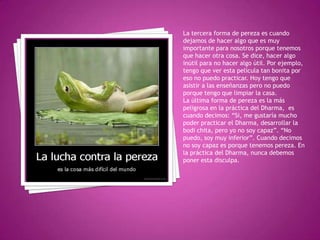 La tercera forma de pereza es cuando
dejamos de hacer algo que es muy
importante para nosotros porque tenemos
que hacer otra cosa. Se dice, hacer algo
inútil para no hacer algo útil. Por ejemplo,
tengo que ver esta película tan bonita por
eso no puedo practicar. Hoy tengo que
asistir a las enseñanzas pero no puedo
porque tengo que limpiar la casa.
La última forma de pereza es la más
peligrosa en la práctica del Dharma, es
cuando decimos: “Si, me gustaría mucho
poder practicar el Dharma, desarrollar la
bodi chita, pero yo no soy capaz”. “No
puedo, soy muy inferior”. Cuando decimos
no soy capaz es porque tenemos pereza. En
la práctica del Dharma, nunca debemos
poner esta disculpa.
 