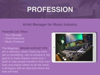 PROFESSION
Potential Job Titles
:

• Tour Manage
r

• Chief Executive
 

• Music Producer
 

The Magician, BRAND ARCHETYPE: I
am a visionary, when I have my mind
set on something I aim to achieve it. My
goal is to make dreams come true. I
want to help people transform their own
lives and inspire others to do the same.
It all begins with an idea and where the
idea will lead
.

Artist Manager for Music Industry
Picture Relevant
to Your Industry
Goes Here
 