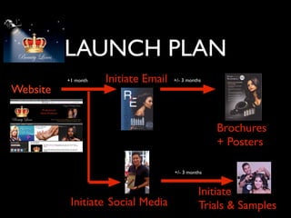 LAUNCH PLAN
          +1 month   Initiate Email   +/- 3 months

Website


                                                     Brochures
                                                     + Posters

                                      +/- 3 months



                                                Initiate
           Initiate Social Media                Trials & Samples
 