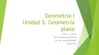 Geometría I
Unidad 3. Geometría
plana
Tema 1. La recta
Pérez Gaona Laura Patricia
No. De cuenta 302024542
Grupo 9113
 